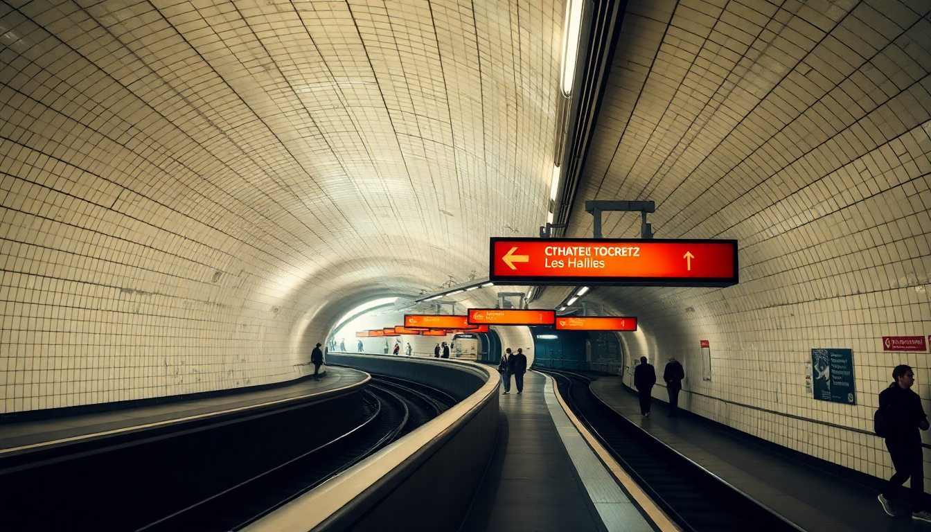 Châtelet-Les Halles Metro station interior showing white tiled platforms and orange directional signage in morning light.