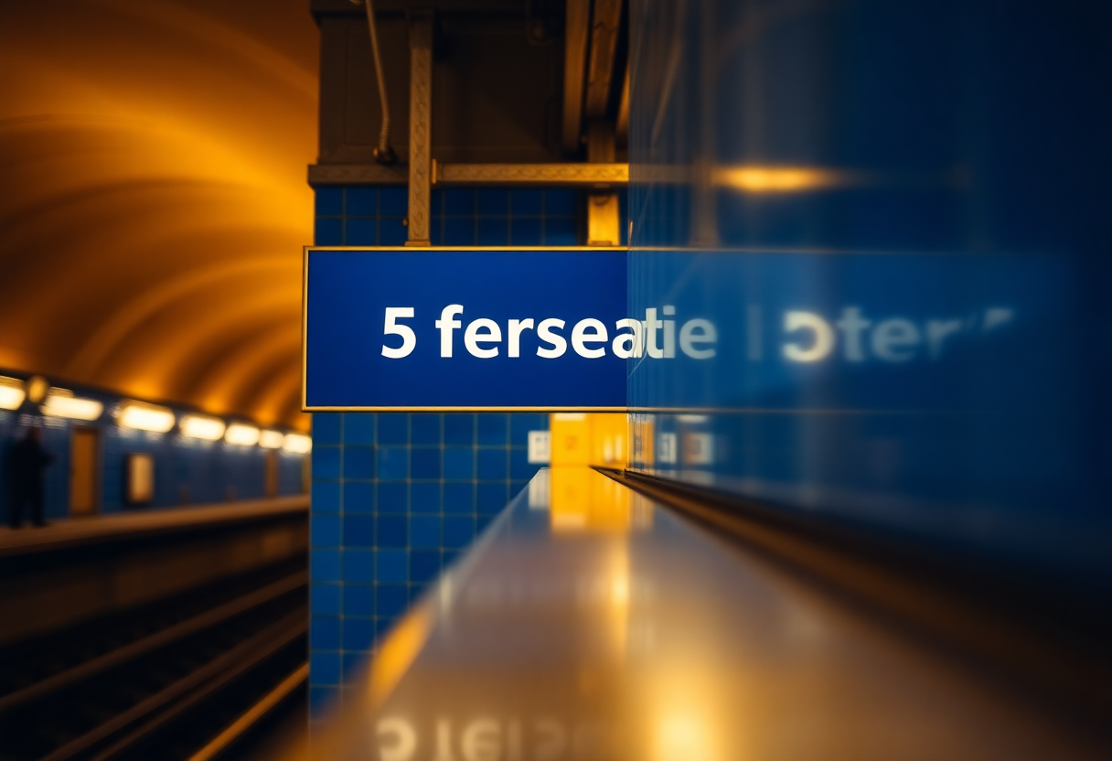 Illuminated directional sign on a Paris Métro platform displays line number and terminus name against classic blue enamel tiles.