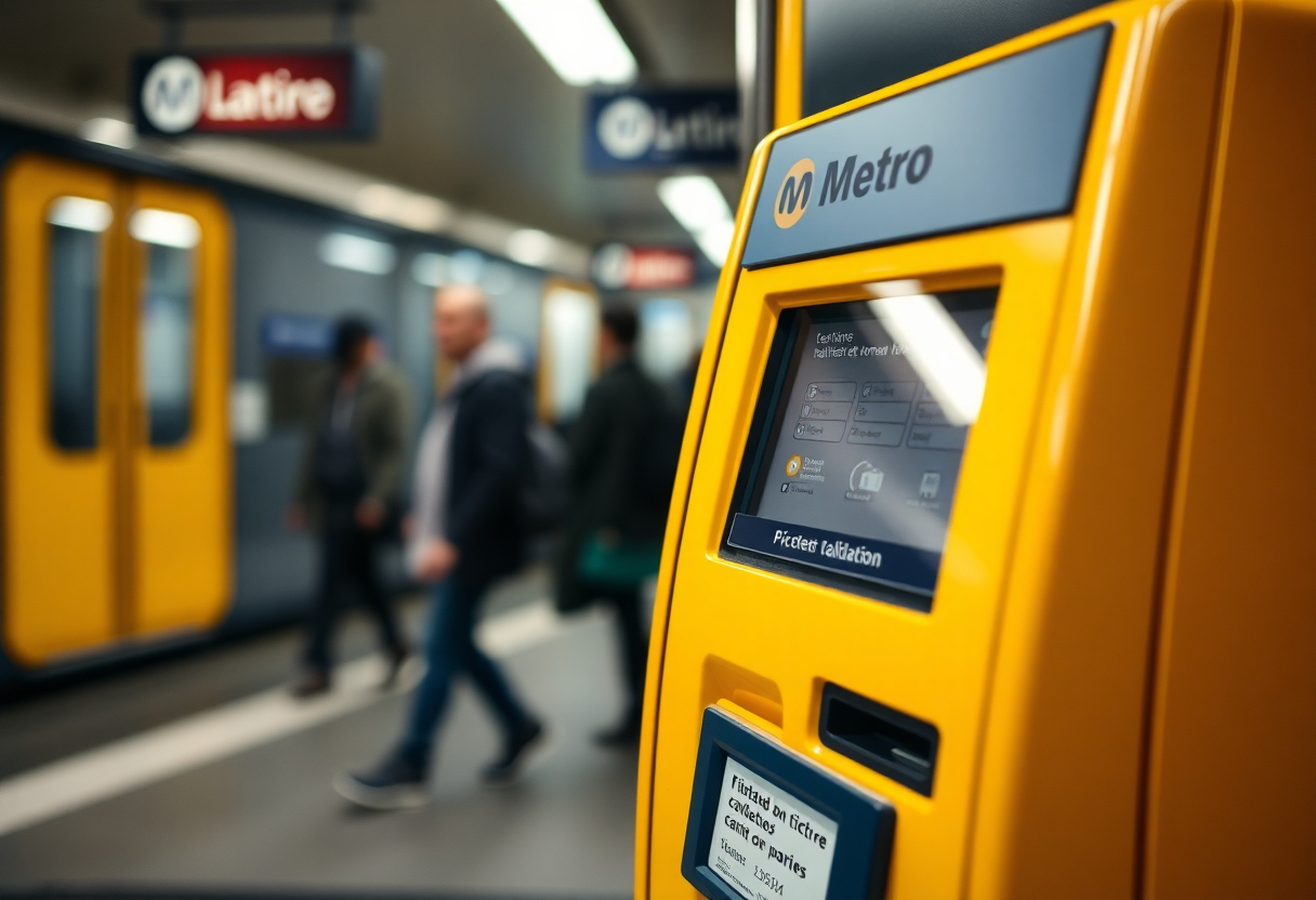A yellow ticket validation machine at a Paris Métro station entrance with commuters passing in the blurred background.