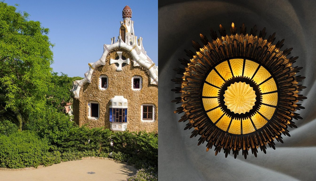 Gaudí's gingerbread-style gatehouse pavilion at Park Güell with a white wavy roof and mosaic spire beside green trees / Swirling plaster ceiling around a glowing sun-shaped lamp inside Casa Batlló's main salon