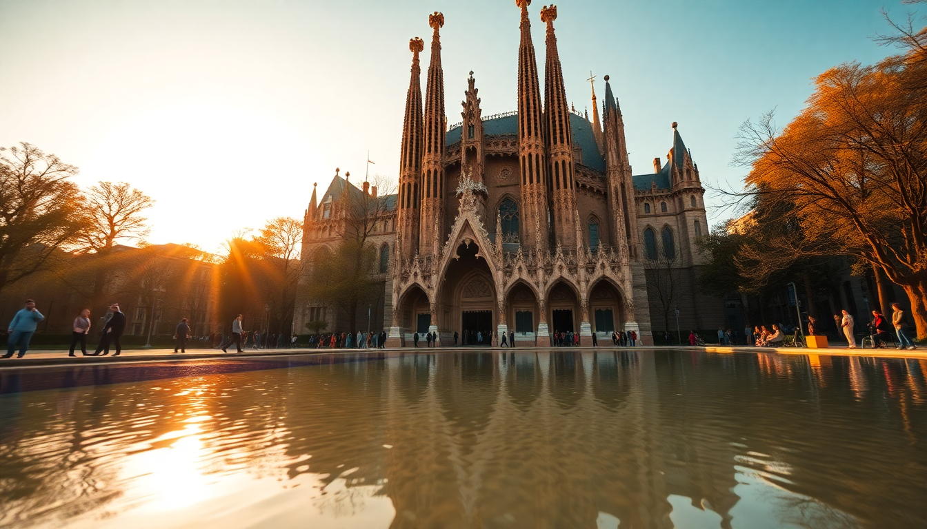 Sagrada Família's ornate Nativity facade rises above reflecting pools in Barcelona's Eixample district during golden hour light.