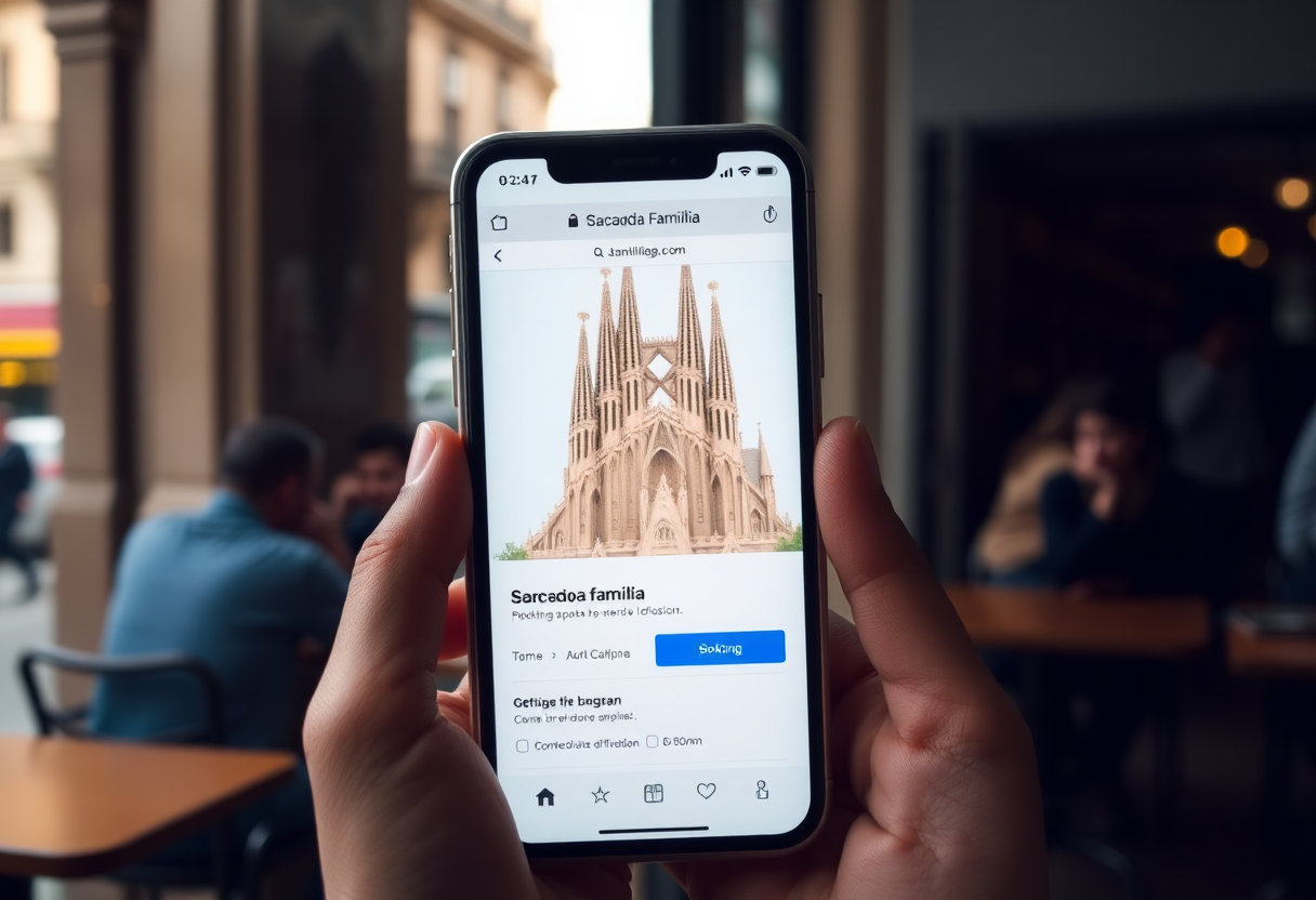 Smartphone displaying the official Sagrada Família booking website held in traveler's hands with Barcelona café in soft focus behind.