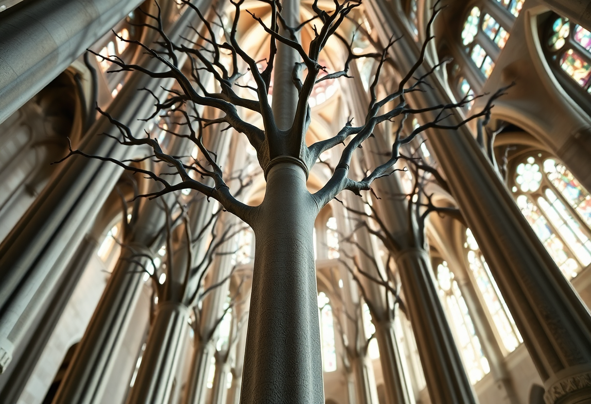 Tree-inspired stone columns branch upward inside Sagrada Família with filtered light from stained glass illuminating the textured surfaces.
