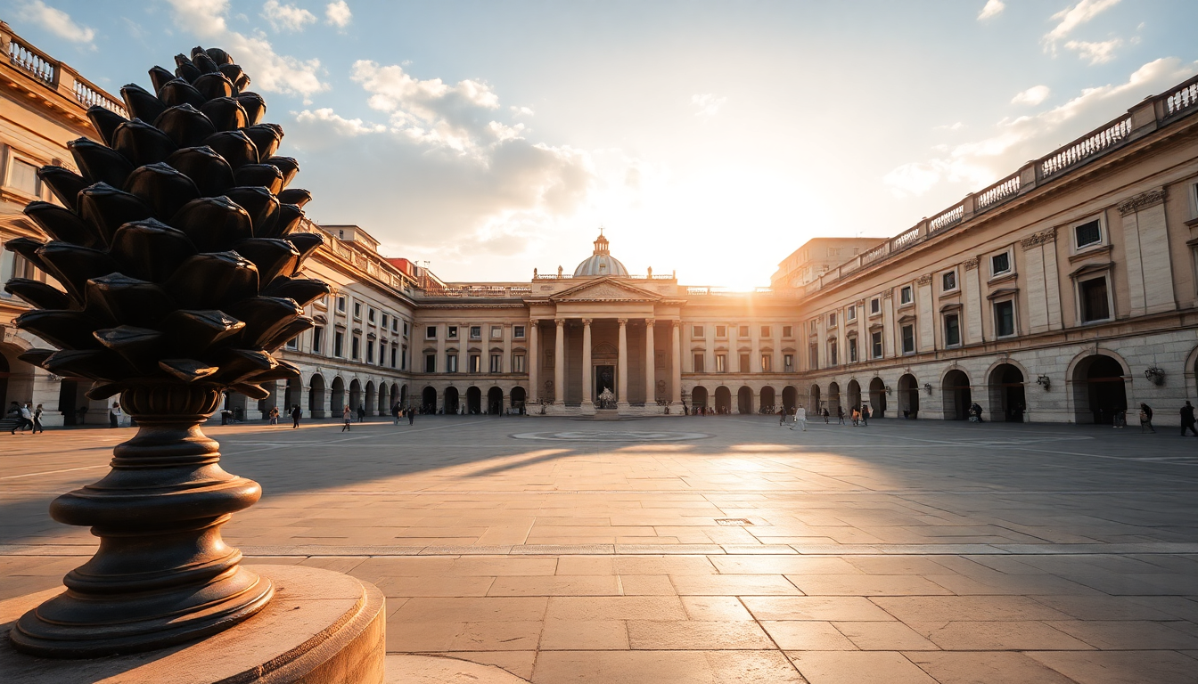 Vatican Museums Cortile della Pigna courtyard with bronze pinecone sculpture under golden hour light and Renaissance palace walls.