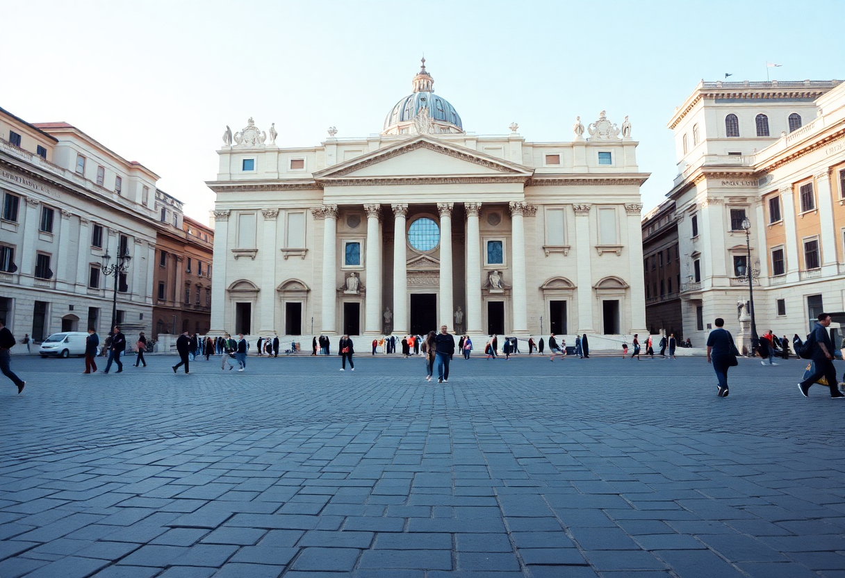 Vatican Museums entrance plaza in early afternoon showing minimal visitor queues and calm entry conditions around 1:00 p.m.