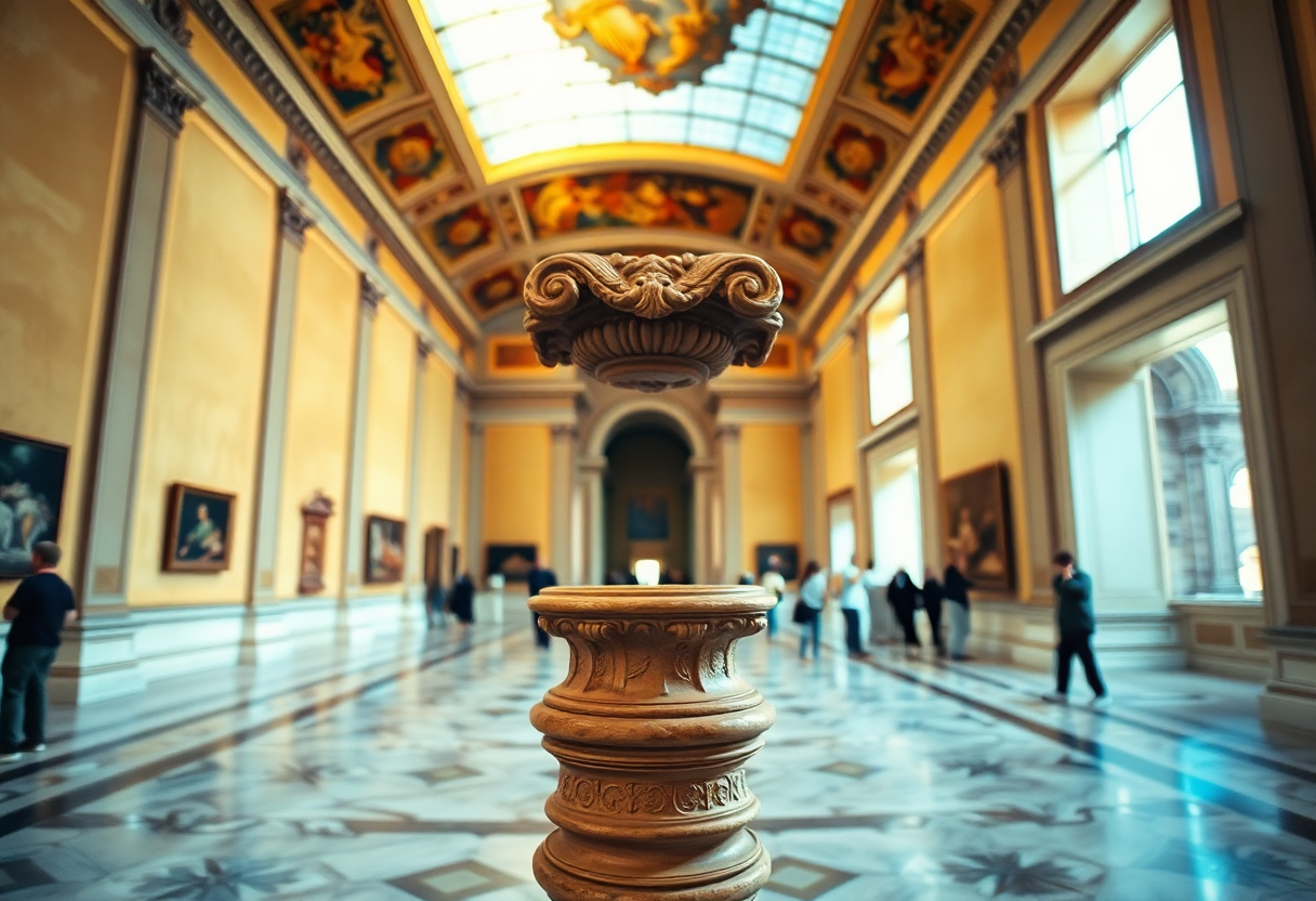 Vatican Museums interior gallery with frescoed ceiling and marble floors at early afternoon, visitors viewing art along walls.
