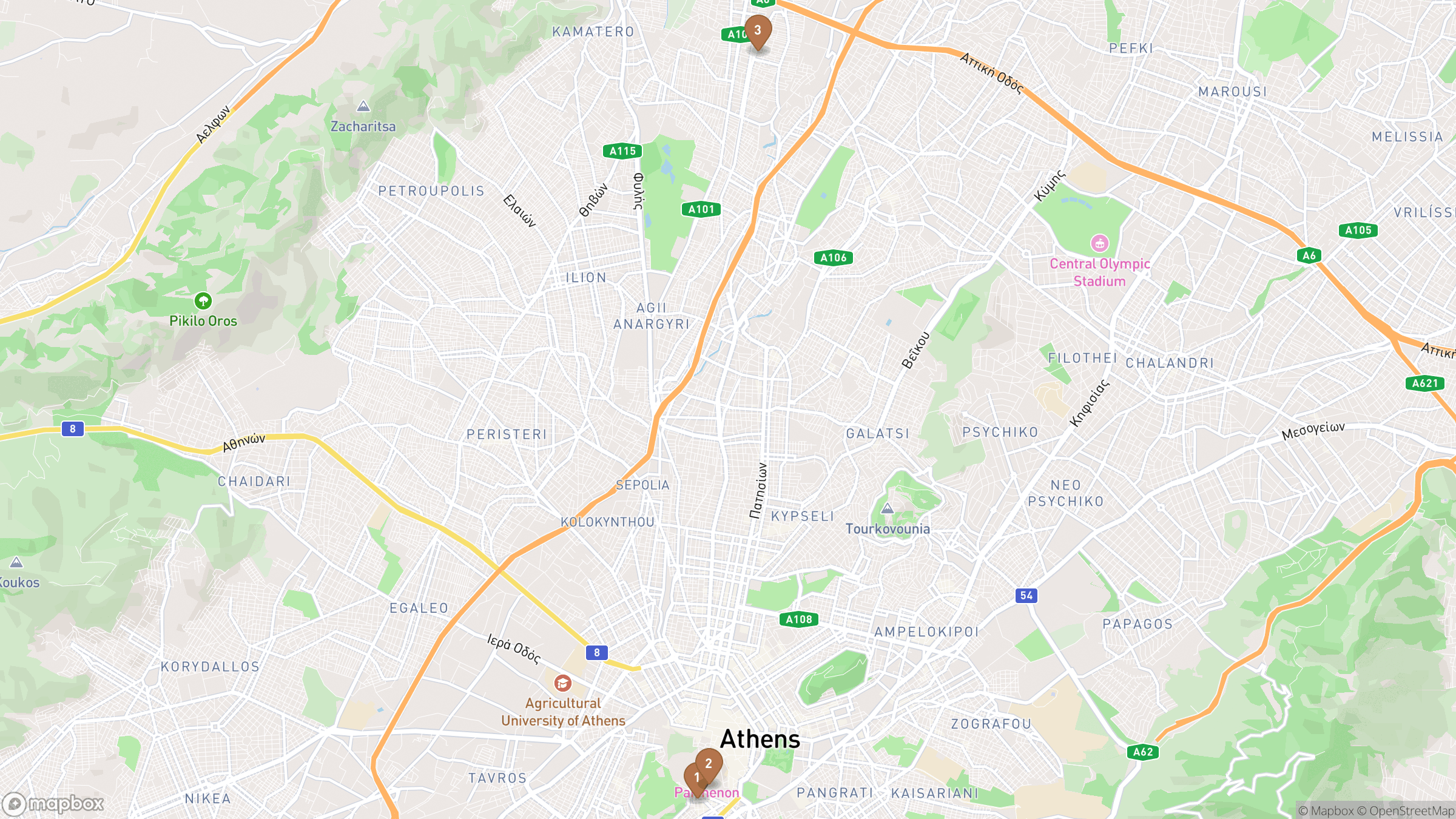 Day 1 itinerary map showing Erechtheion, Dionysiou Areopagitou, Plaka.