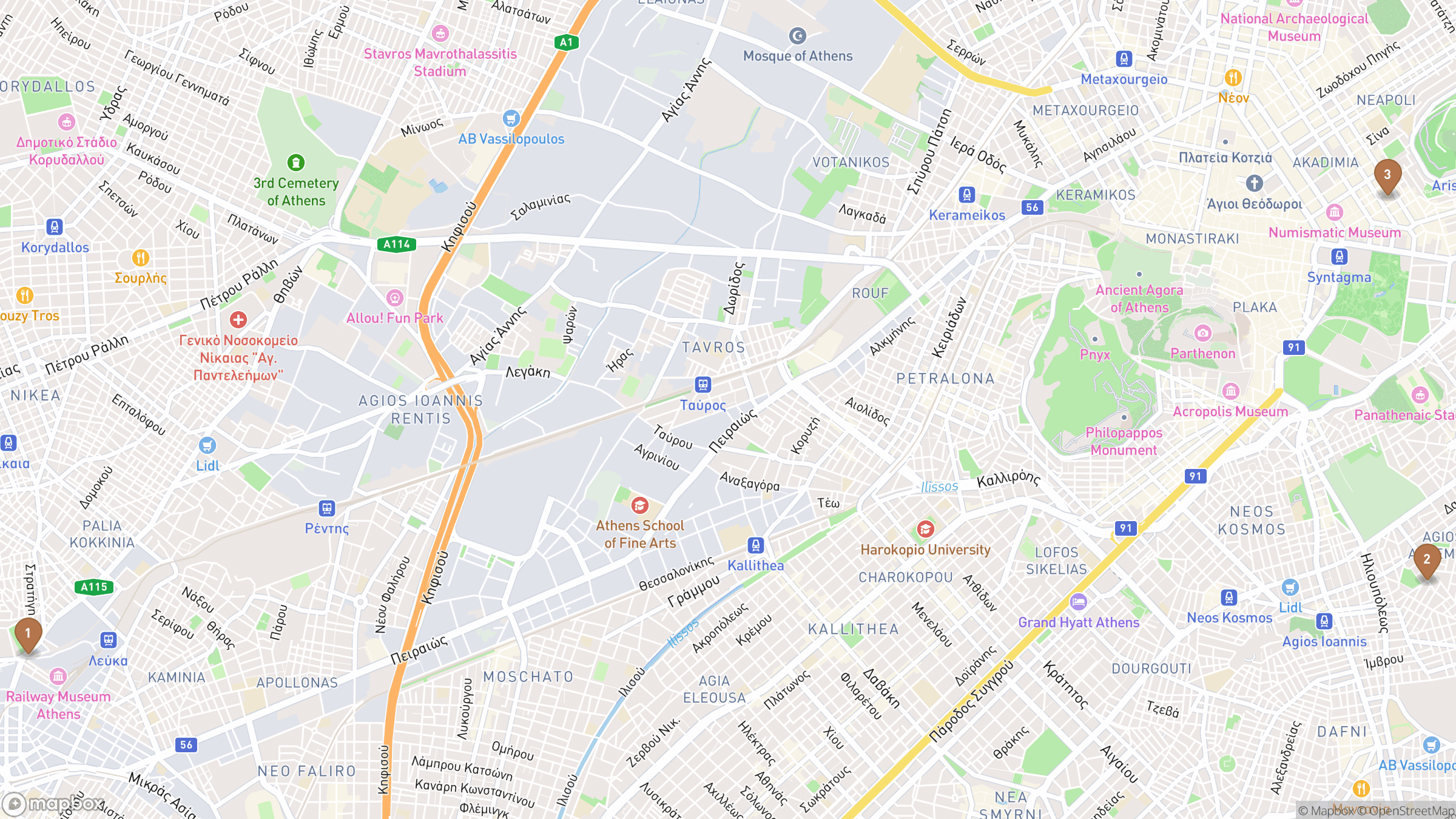Day 2 itinerary map showing Ancient Agora, Stoa of Attalos, Roman Agora.