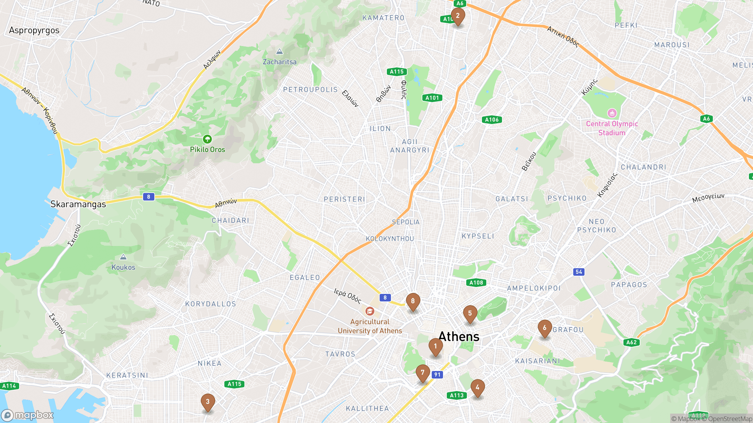 Map of Athens highlighting Dionysiou Areopagitou, Plaka, Ancient Agora, Stoa of Attalos.