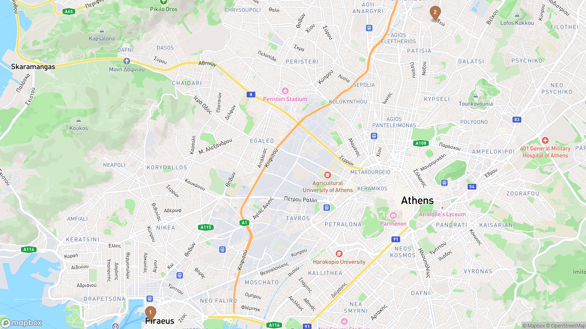 Map of Athens highlighting Piraeus, Monastiraki flea market.