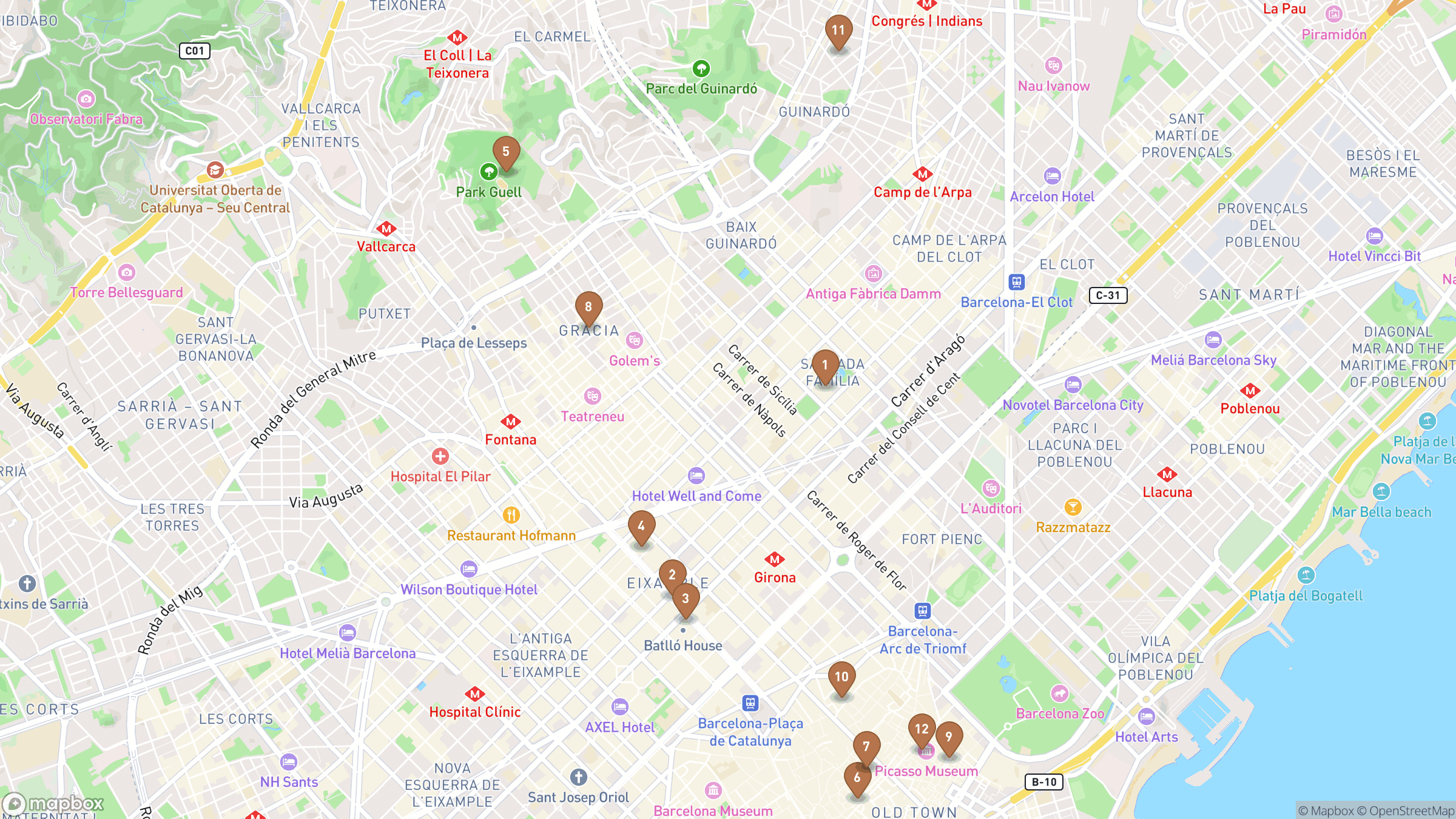 Map of Barcelona highlighting Sagrada Família, Passeig de Gràcia, Casa Batlló, Casa Milà.