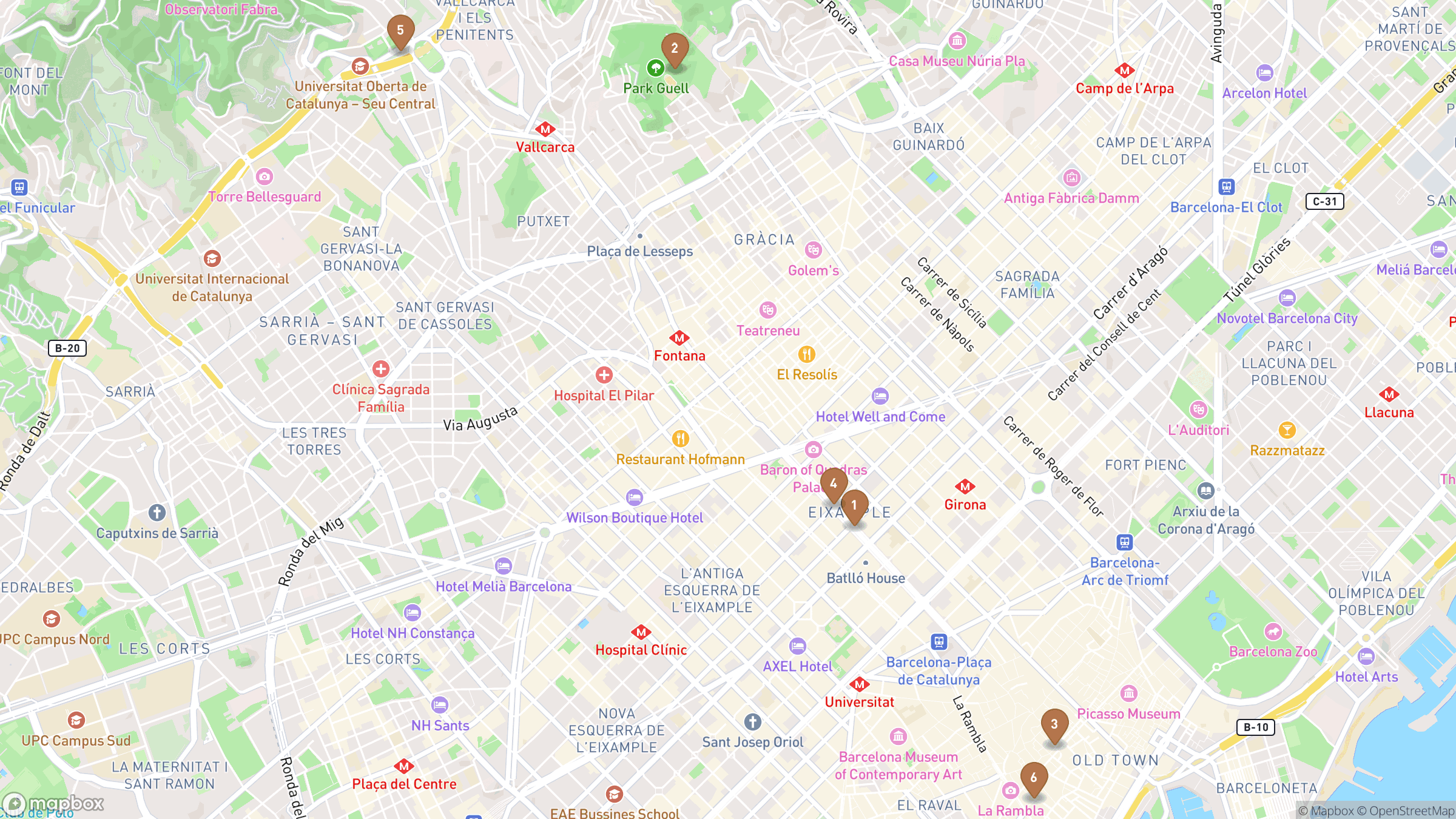 Map of Barcelona highlighting Passeig de Gràcia, Park Güell, Gothic Quarter, Eixample.