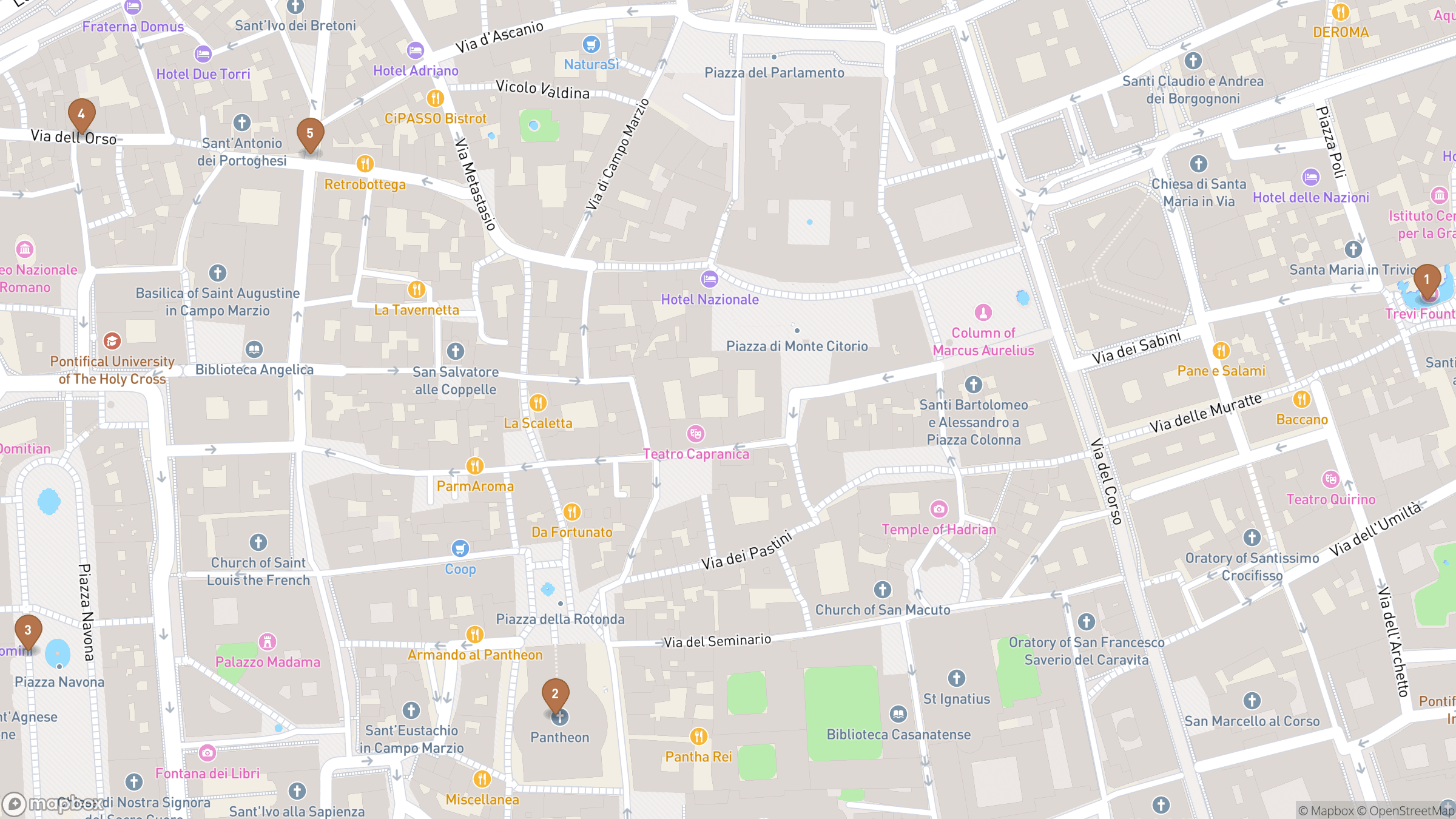 Day 2 itinerary map showing Trevi Fountain, Pantheon, Piazza Navona, Via dell'Orso.