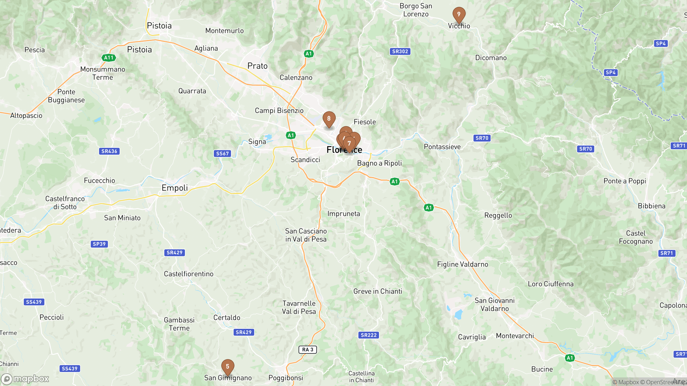 Map of Florence highlighting Uffizi Gallery, Accademia Gallery, Ponte Vecchio, Giotto's Campanile.