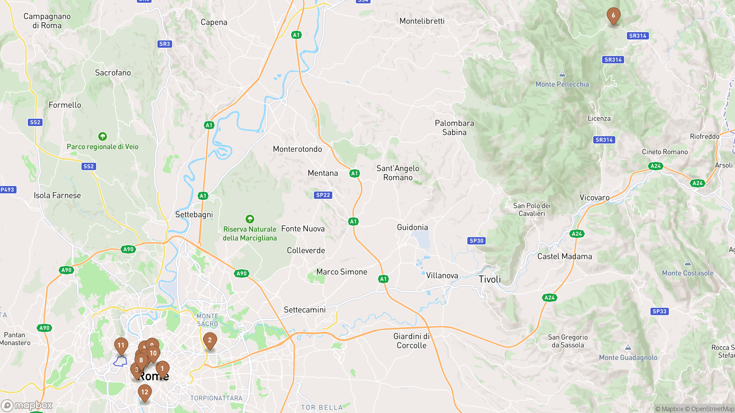 Map of Rome highlighting Colosseum, Vatican, Trastevere, Piazza Navona.