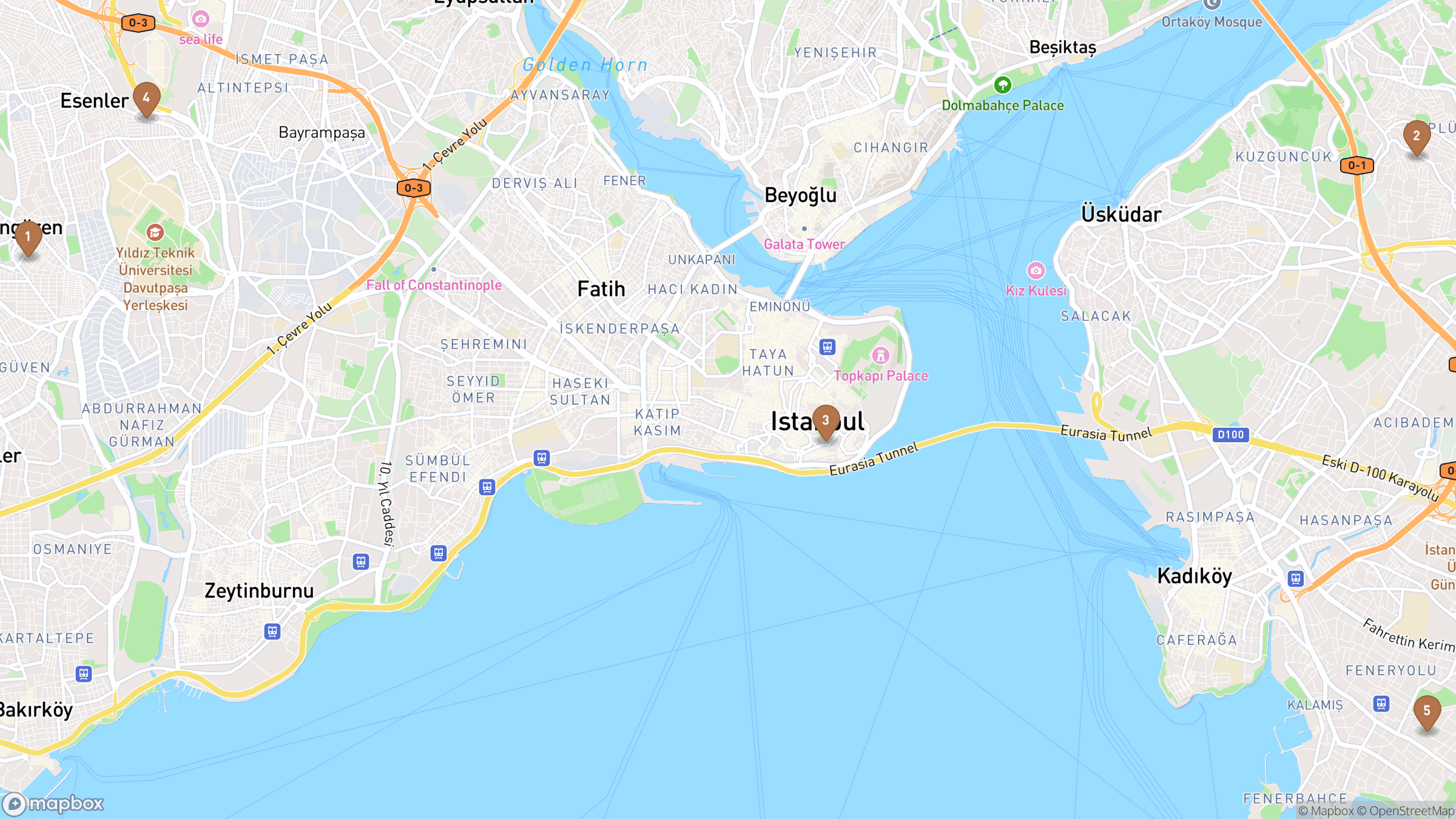Day 1 itinerary map showing Hagia Sophia, Hippodrome of Constantinople, Sultan Ahmed Mosque, Grand Bazaar.
