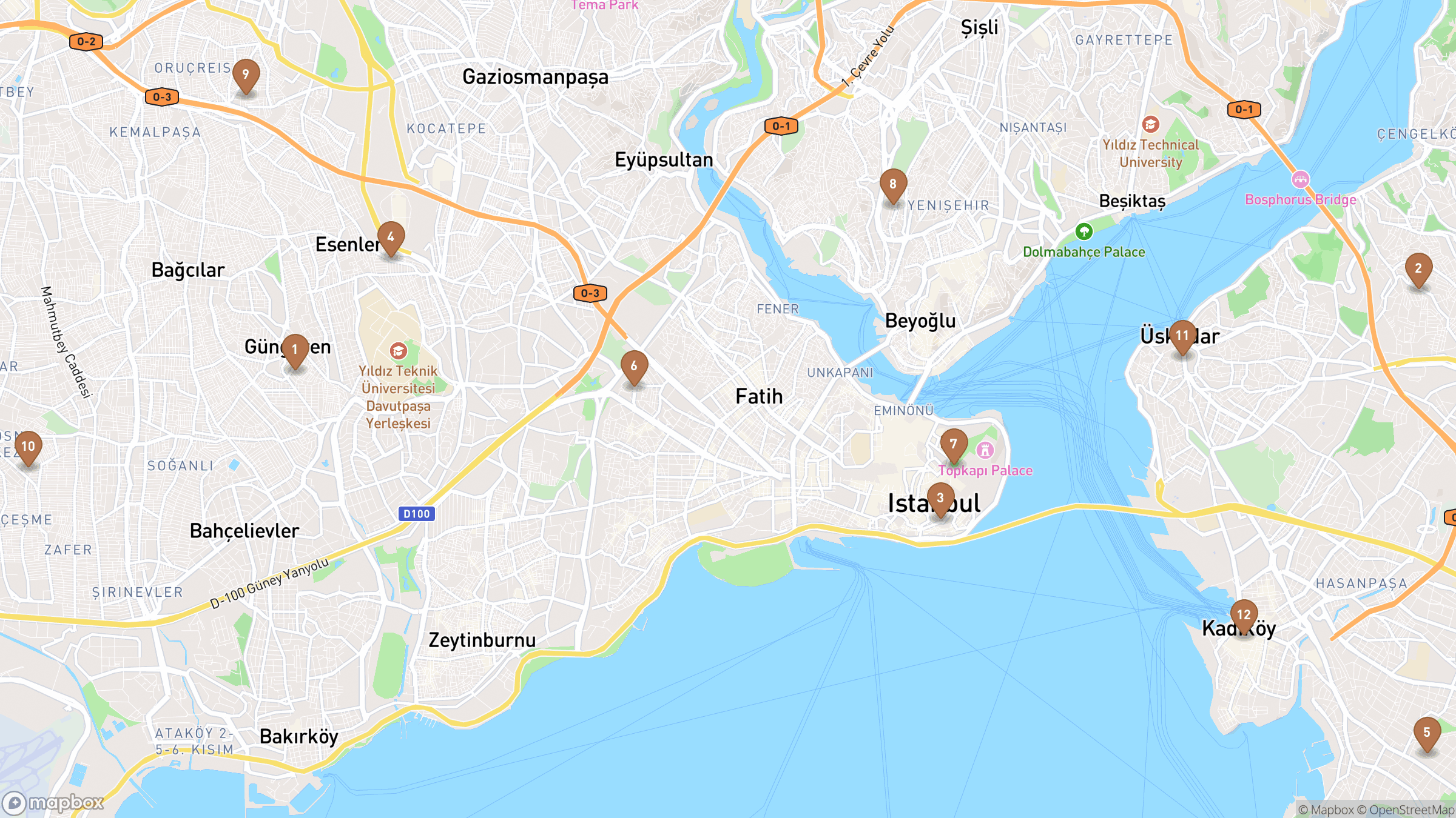 Map of Istanbul highlighting Hagia Sophia, Hippodrome of Constantinople, Sultan Ahmed Mosque, Grand Bazaar.