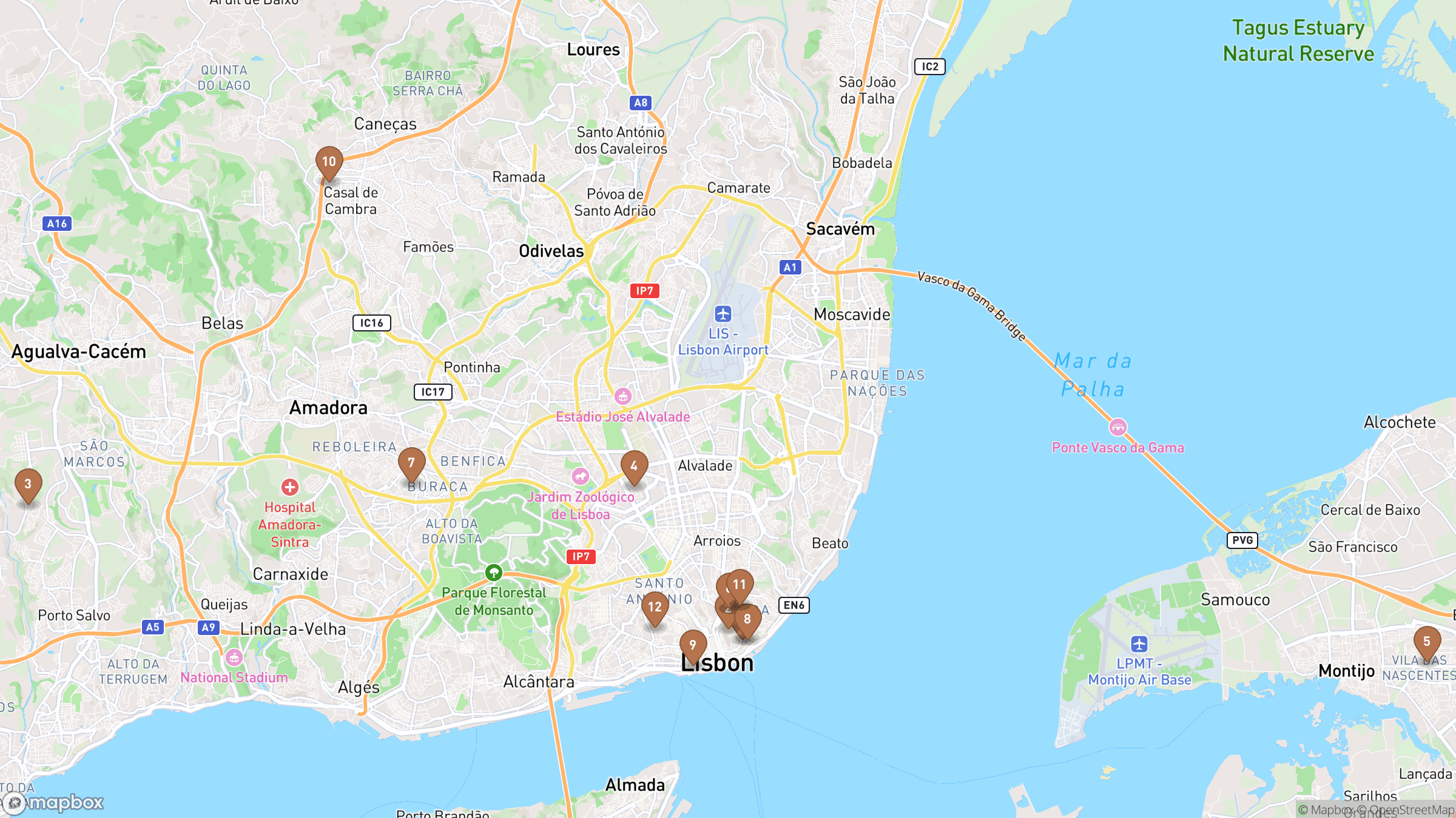 Map of Lisbon highlighting Alfama, São Jorge Castle, Tagus River, Belém.