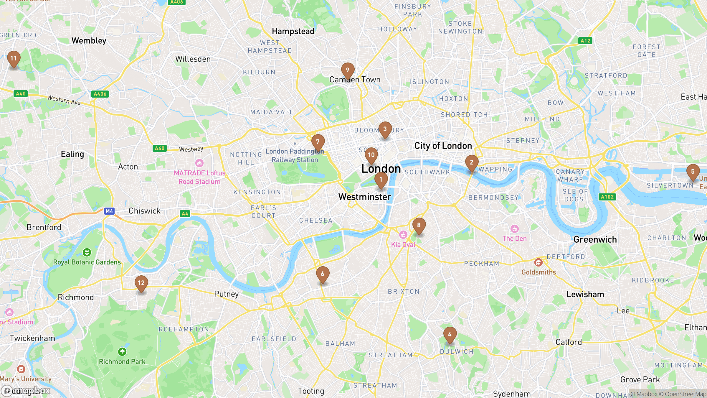 Map of London highlighting Westminster Abbey, Tower Bridge, British Museum, National Gallery.