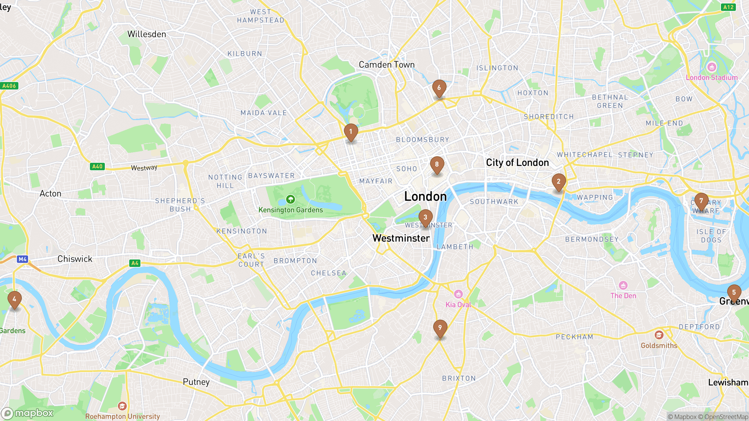 Map of London highlighting Baker Street Underground station, Tower of London, Westminster Abbey, Kew Gardens.