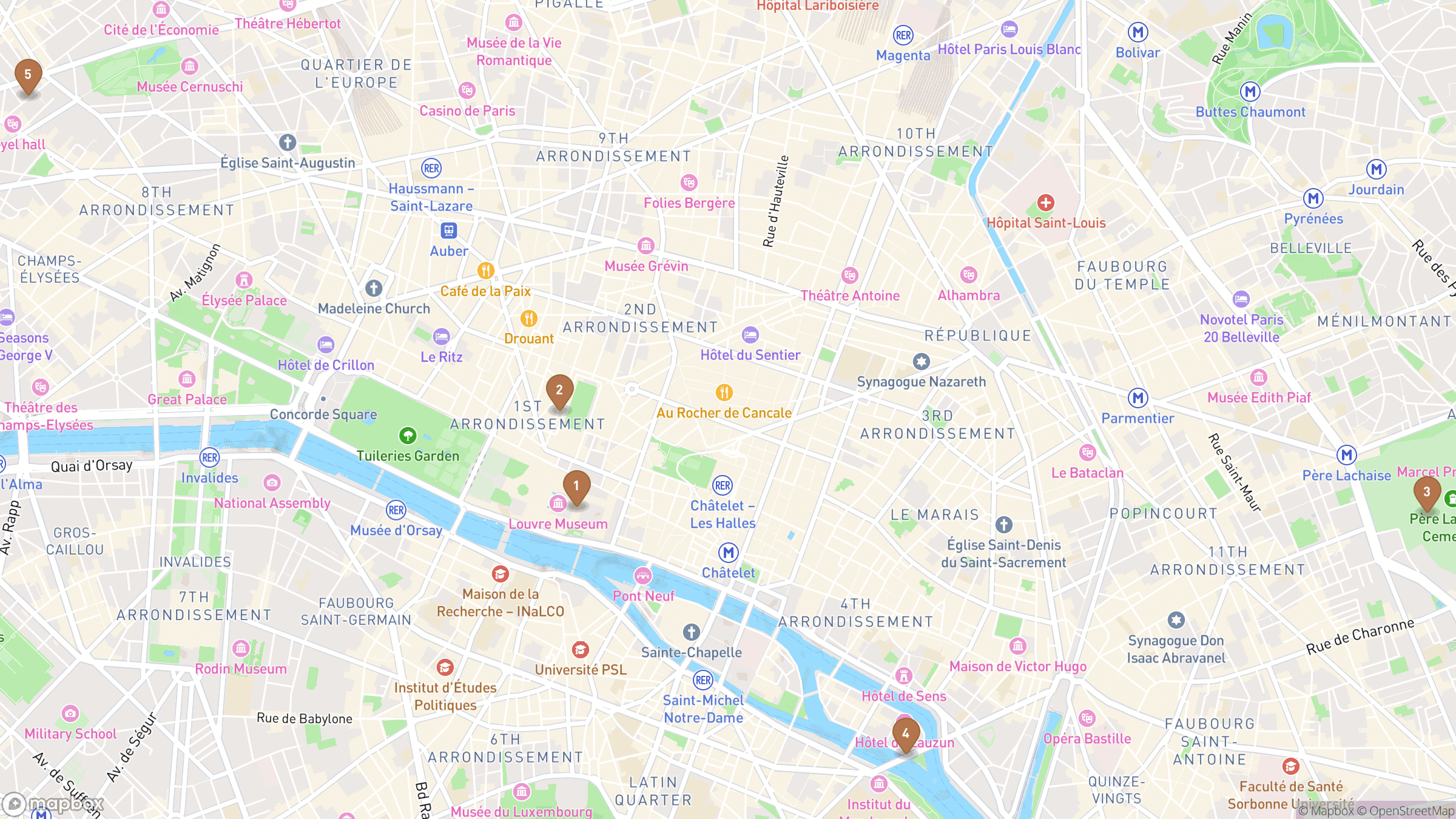 Map of Paris highlighting Louvre Museum, Passage Richelieu, Denon Wing, Sully Wing.