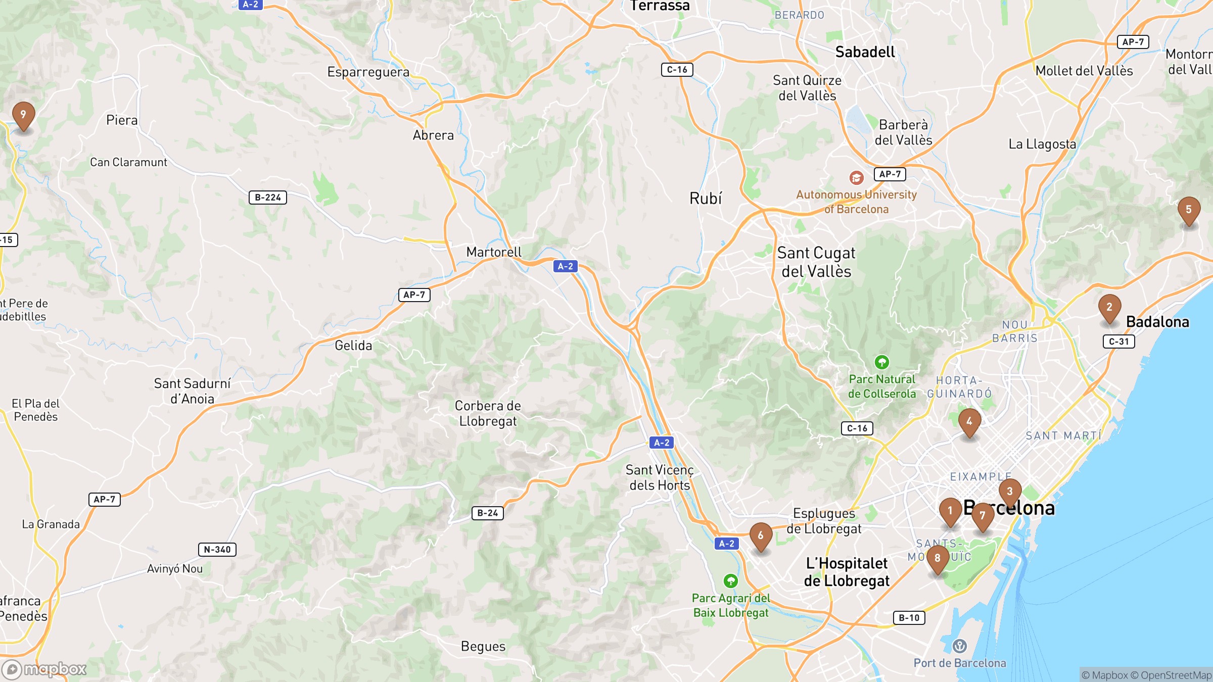 Map of Barcelona highlighting Plaça d'Espanya, National Art Museum of Catalonia, Palau Nacional, Olympic Stadium.