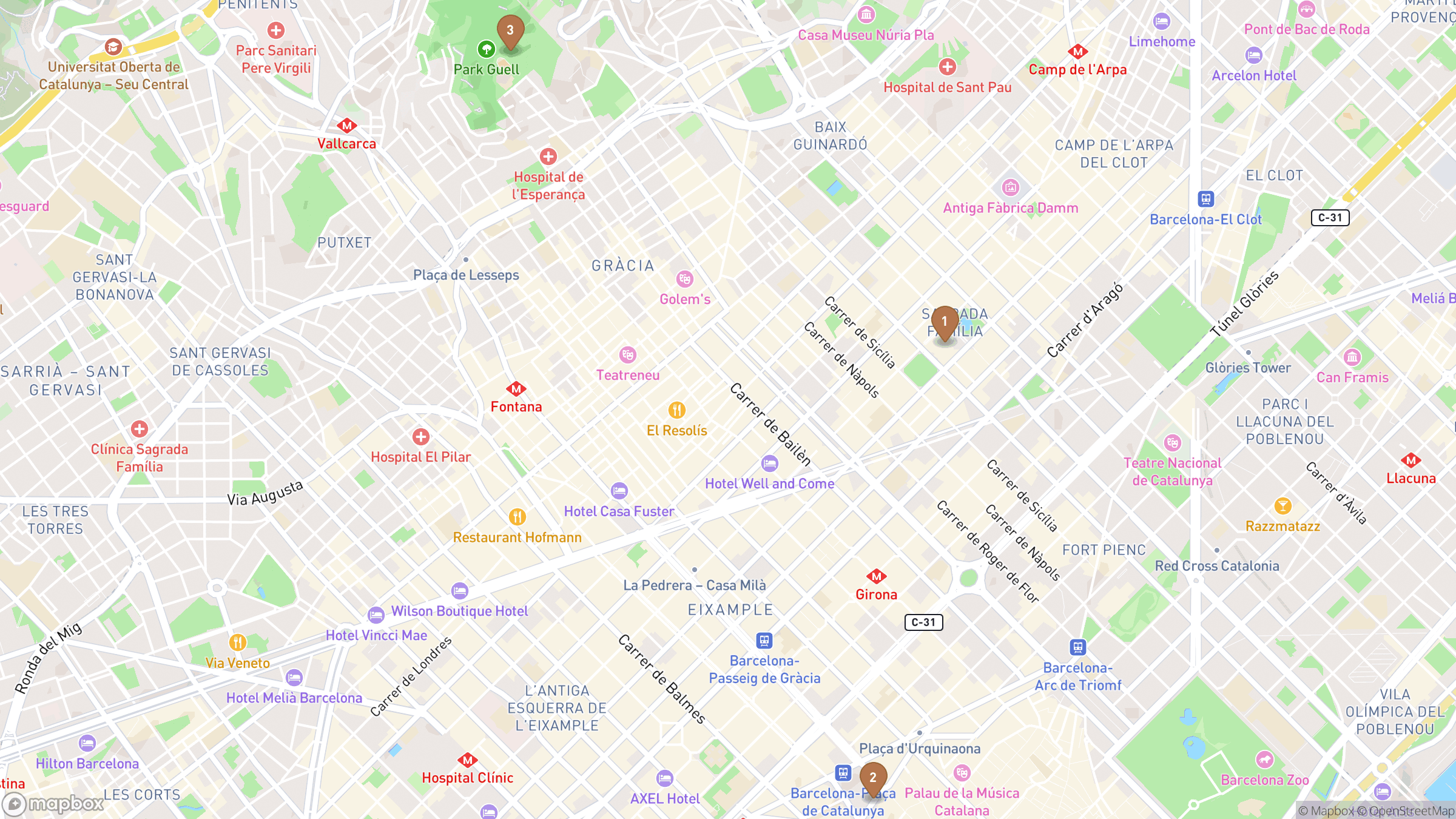 Map of Barcelona highlighting Sagrada Família, Plaça de Catalunya, Park Güell.