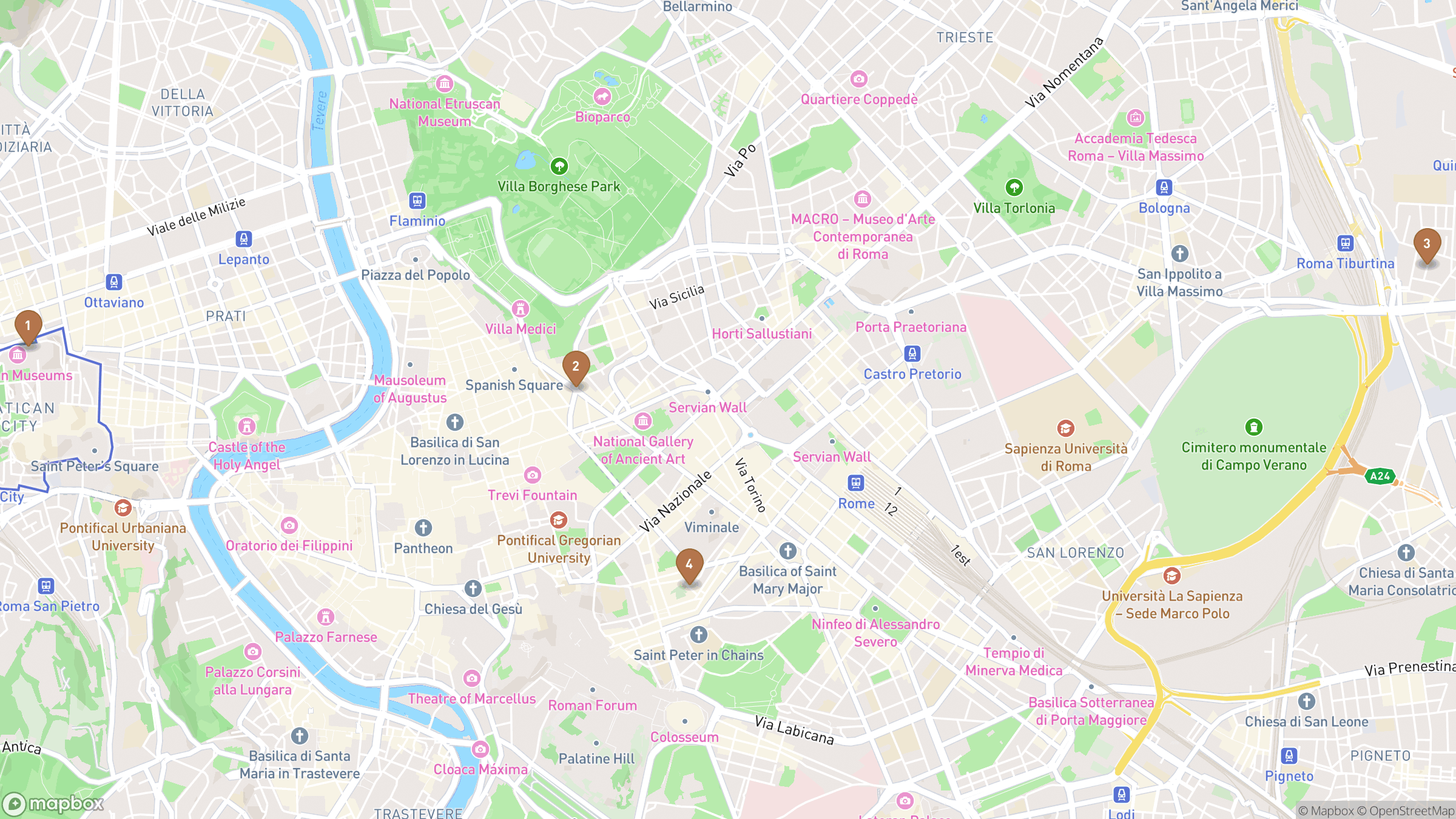 Map of Rome highlighting Vatican Museums, Sistine Chapel, Raphael Rooms, Pio-Clementine Museum.