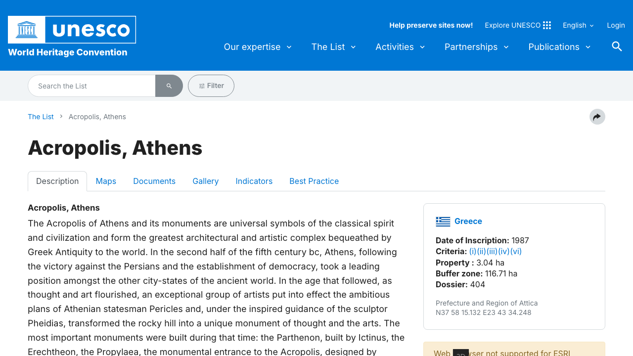 UNESCO World Heritage Centre official listing for the Acropolis of Athens archaeological site.