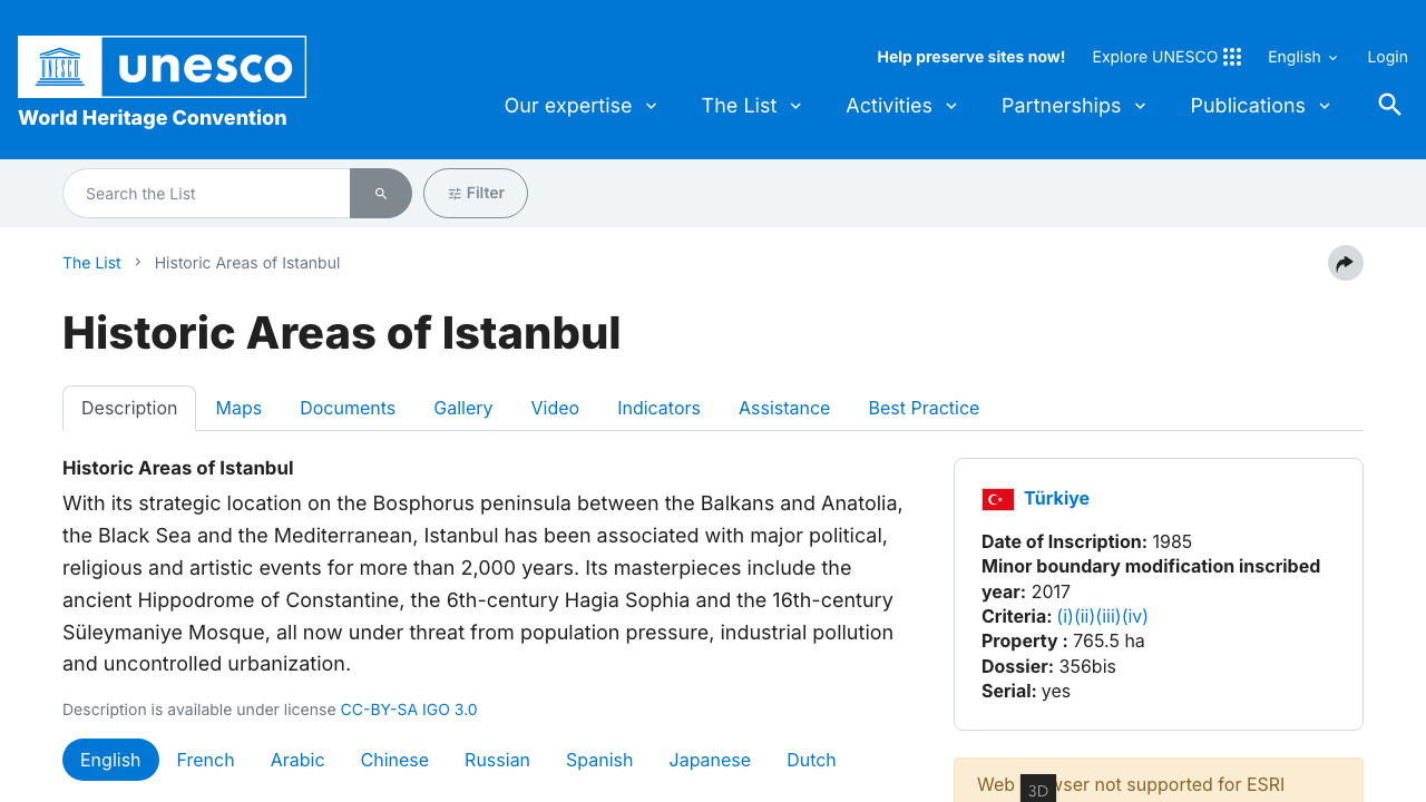 UNESCO World Heritage Centre official designation page for Istanbul's Historic Areas covering Byzantine and Ottoman monuments.