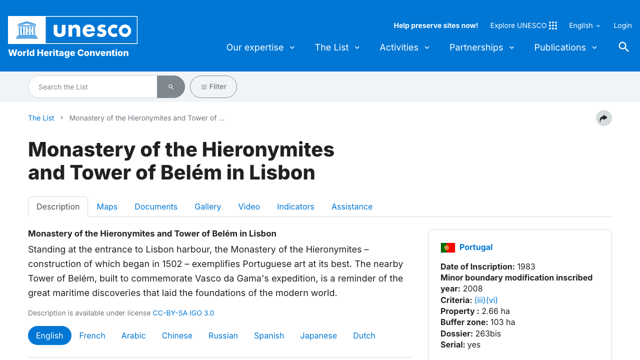 UNESCO World Heritage Centre official listing for the Monastery of the Hieronymites and Tower of Belém.
