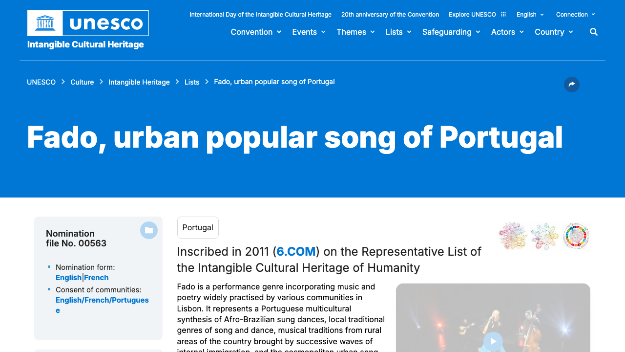 UNESCO Intangible Cultural Heritage official recognition of Fado as Portugal's urban popular song tradition.