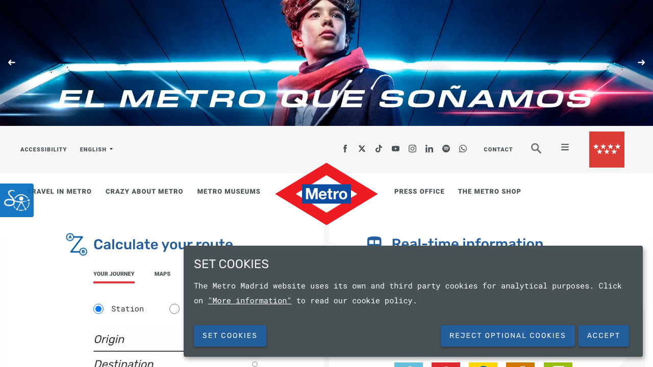Metro de Madrid official homepage showing ticket types, fare information, and network service details.